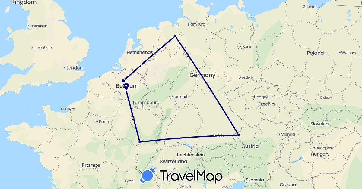 TravelMap itinerary: driving in Austria, Belgium, Germany, France (Europe)